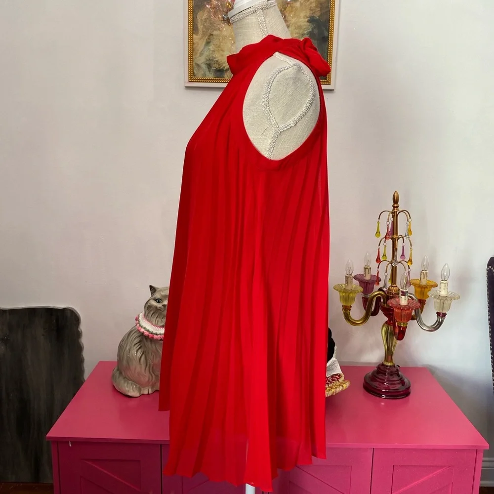 BETSEY JOHNSON XS RED PLEATED ACCORDION TIE BOW NECK DRESS - Picture 5 of 7